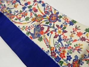 縮緬地型染抽象孔雀に草花模様名古屋帯